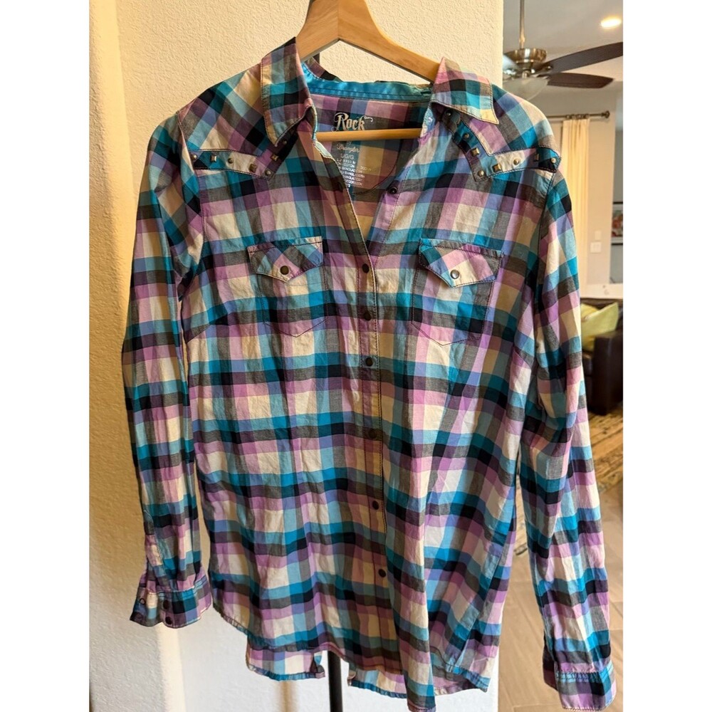 Rock 47 by Wrangler Embellished Plaid Button-Down Shirt in Teal and Purple L